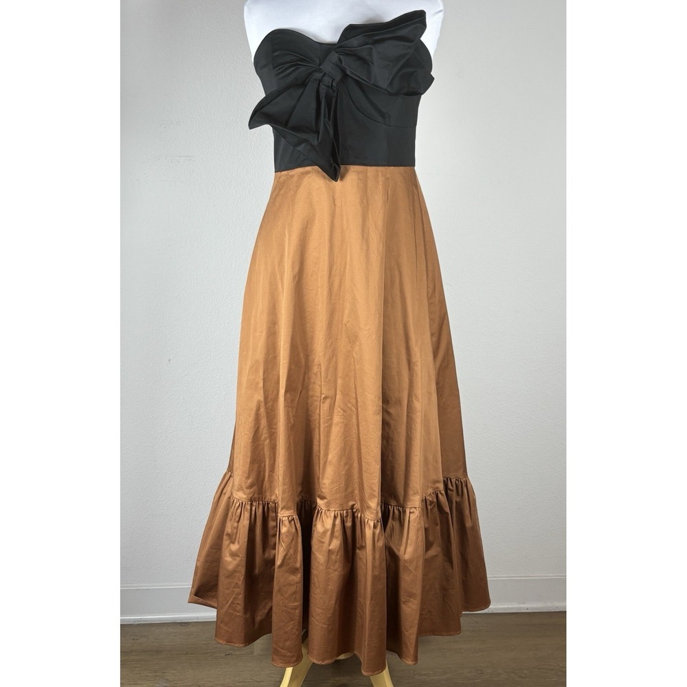 Anthropologie Hutch Retro BIG Bow Dress Size 12 Strapless Brown Black Girly